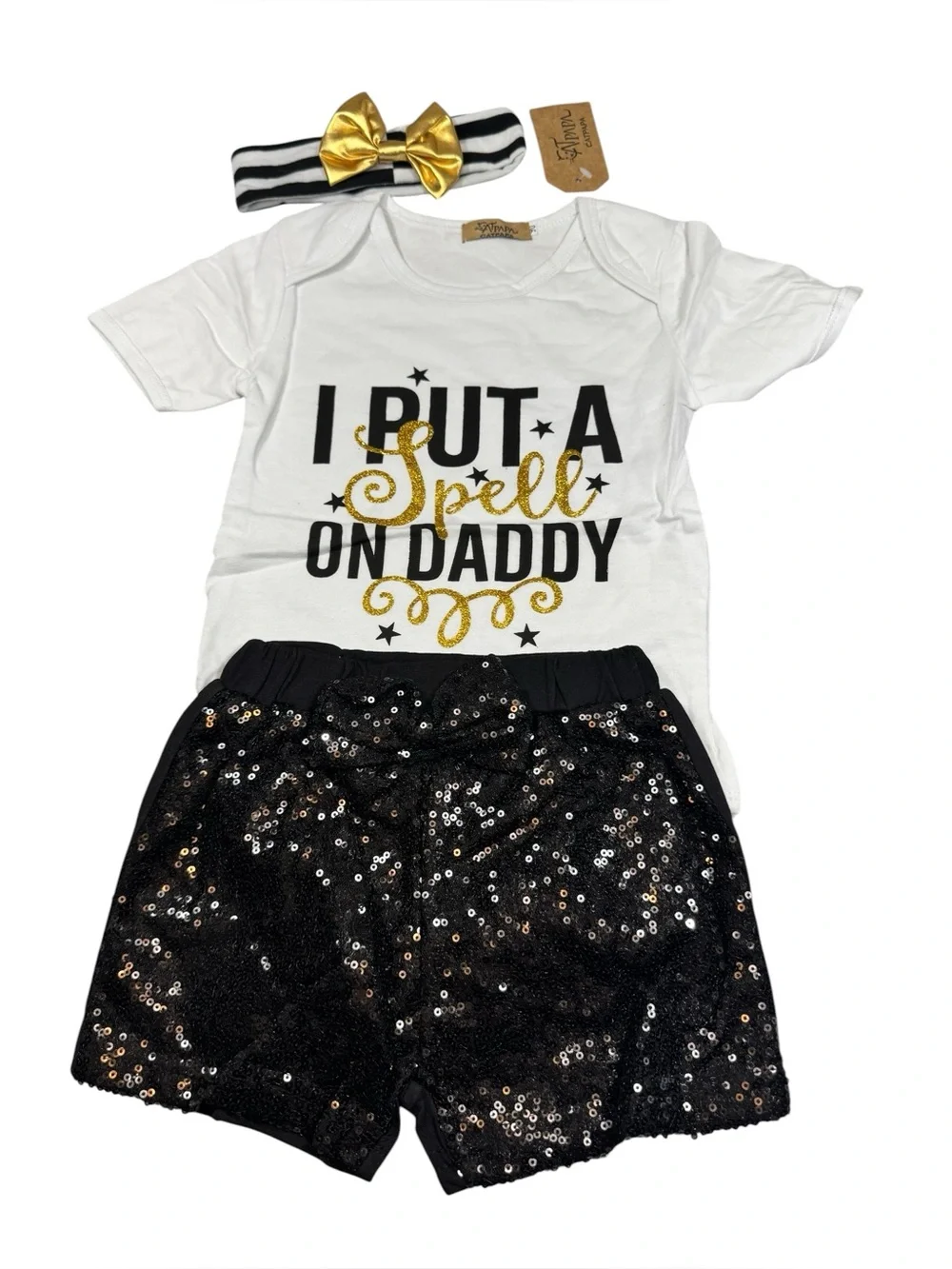 I Put a Spell On Daddy Baby Outfit - White, Black & Gold 6 months